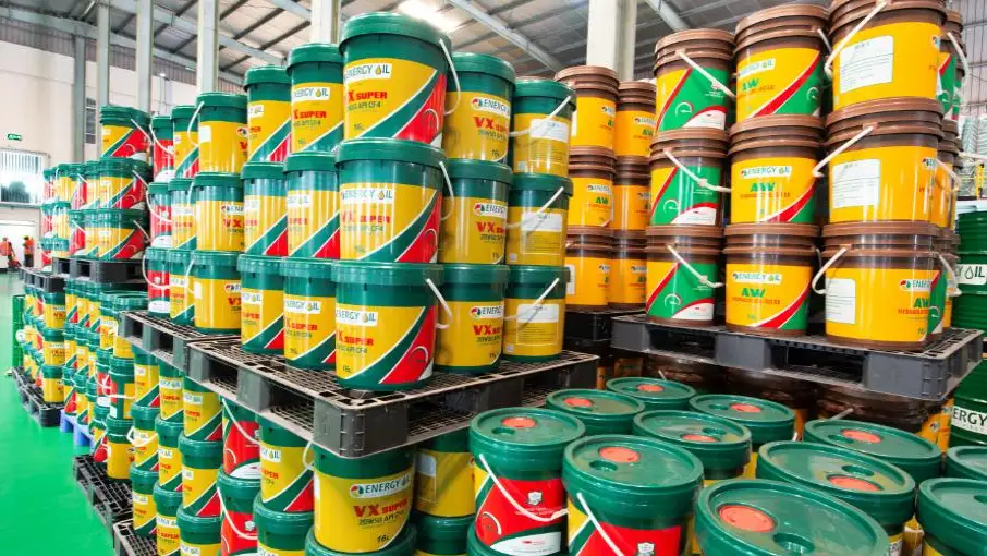 Energy Oil pails stacked in the MPL warehouse